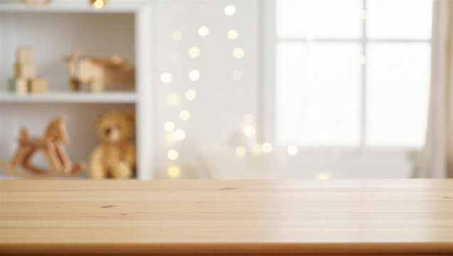 Empty wooden tabletop in front of blurred child room interior with window and warm lights, interior