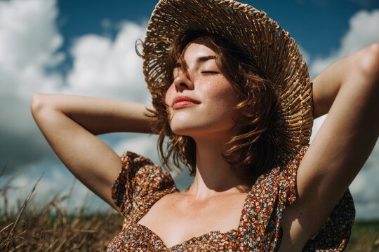 Woman relaxes under open sky, eyes closed