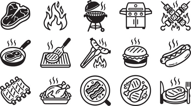 Variety of grilling and barbecue related line icons showing different meats and cooking equipment.