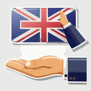 Hand holding Union Jack flag, representing UK business or travel