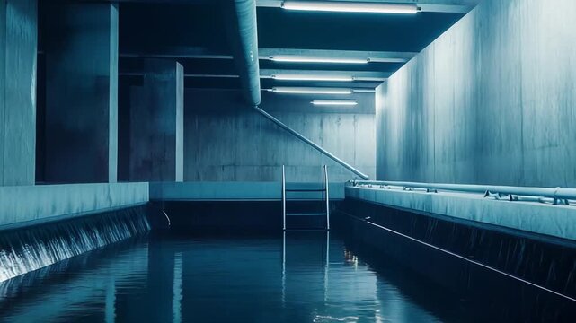 Dimly lit underground poolroom with calm reflective water, concrete walls, and cool fluorescent lighting creating an eerie and surreal liminal atmosphere filled with quiet tension