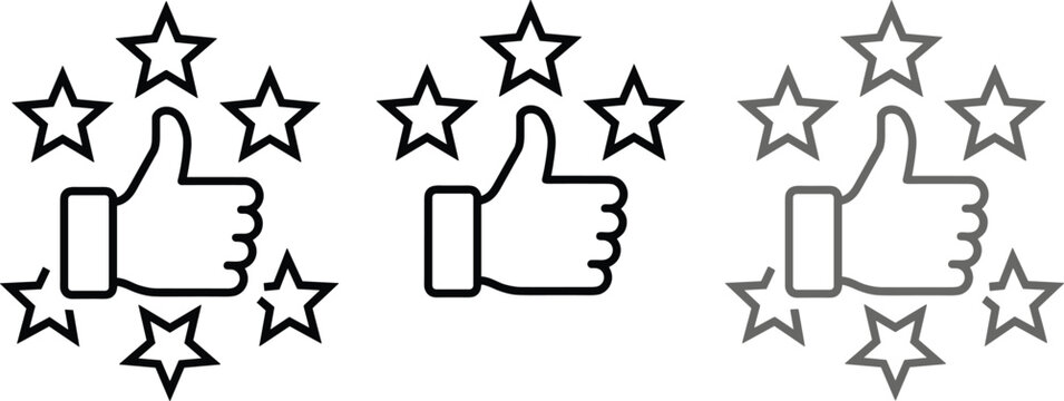 Black, white, and grey vector icons of thumbs-up with stars, positive feedback, ratings, and social media symbols for user interaction and approval designs.