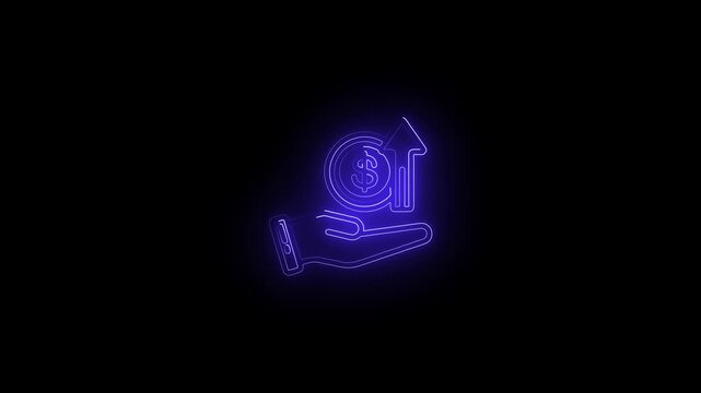 Animated bule neon dollar symbol coins held in a hand on a black background
