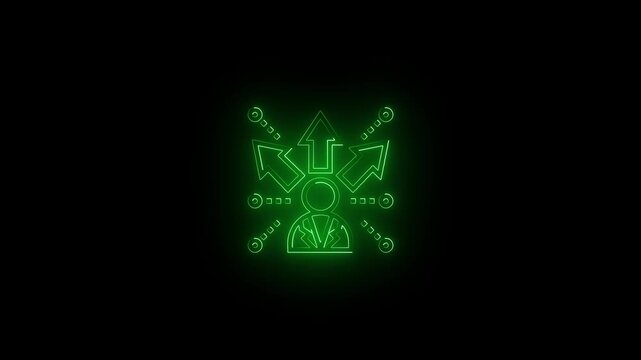 glowing neon man icon with rising arrow animation on black background.red color neon animation on man icon.