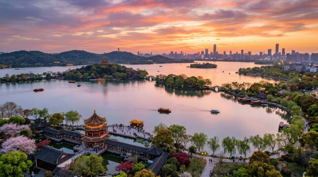 Aerial Sunset Over West Lake With Traditional Pagoda and Hangzhou City Skyline