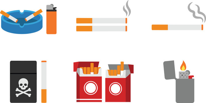Cigarette Smoking Accessories Vector Set Featuring Cigarettes, Lighters, Ashtrays, and Warning Symbols for Digital Media and Lifestyle Illustrations