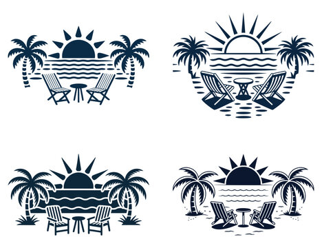 Tropical beach vacation silhouette icon set. Summer resort landscapes with palm trees, sun, ocean and lounge chairs for travel logo design.