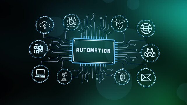 Industrial automation and smart robotic technology concept featuring automated workflow processes and efficient digital system management.
