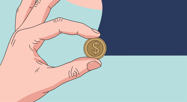 Close up of human hand holding a small gold dollar coin between thumb and index finger against a simple blue and teal background.