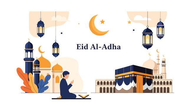 Traditional Eid Al-Adha greeting card design featuring a man praying, the Kaaba, mosques, crescent moon, and hanging lanterns.