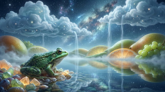 Captivating fantasy landscape: frog on textured pebbles, glowing fruits, and surreal cosmic waterfalls, perfect for nature-themed advertising.