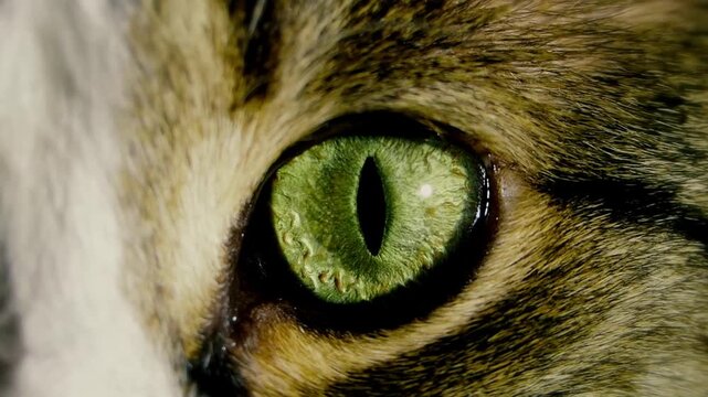 Extreme macro close up of a green cat eye with vertical slit pupil blinking and looking at camera. Detailed feline iris.