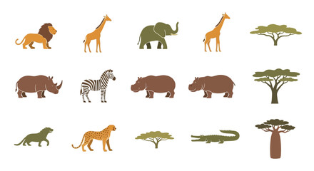 African Safari Animals Collection: Lion, Giraffe, Elephant, Rhino, Zebra, Hippo, Cheetah, Crocodile, Baobab Tree © khusnul