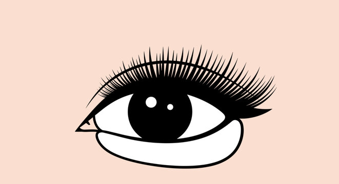 Illustration of an eye with detailed eyelash extensions against a soft pink background, showcasing a close view of the lashes in a stylized graphic design