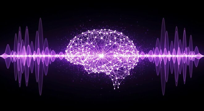 Digital brain neural network with purple sound waves, artificial intelligence concept, glowing human mind frequency on black background