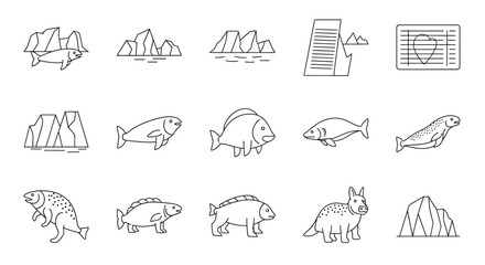Arctic Wildlife and Landscape Icons: Seals, Fish, Mountains, Icebergs, Aurora © khusnul