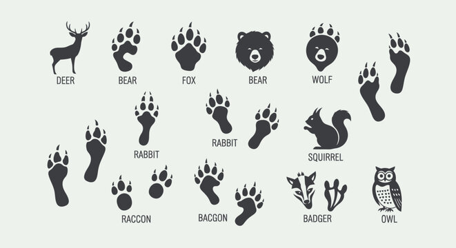Animal Footprints and Paw Prints Collection: Deer, Bear, Fox, Wolf, Rabbit, Squirrel, Raccoon, Badger, Owl