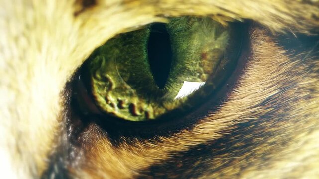 Extreme macro close up of a green cat eye with vertical slit pupil blinking and looking at camera. Detailed feline iris.