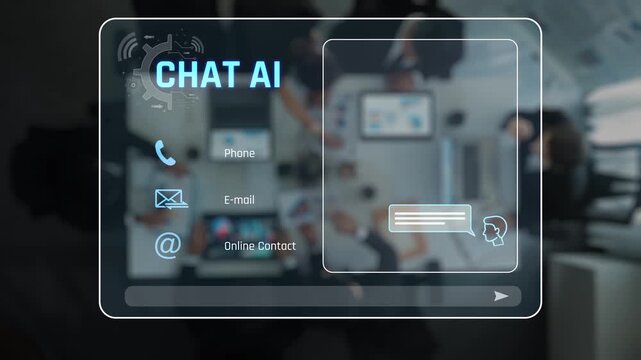 A modern chat AI interface displayed amidst a collaborative meeting setup, showcasing digital communication and engagement among team members for enhanced efficiency. Raster