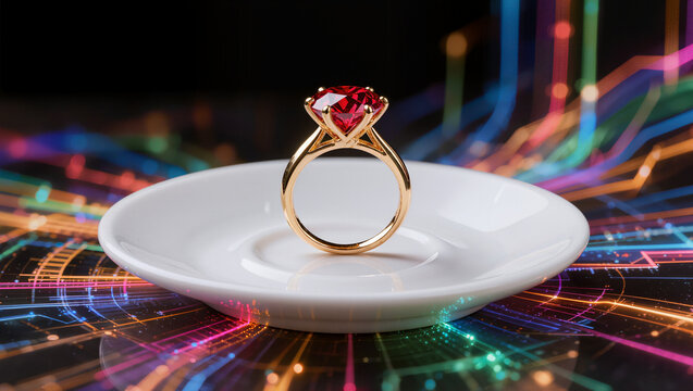 A marry ring red diamond on the white dish , black background with hight technology multicolor light effect.
