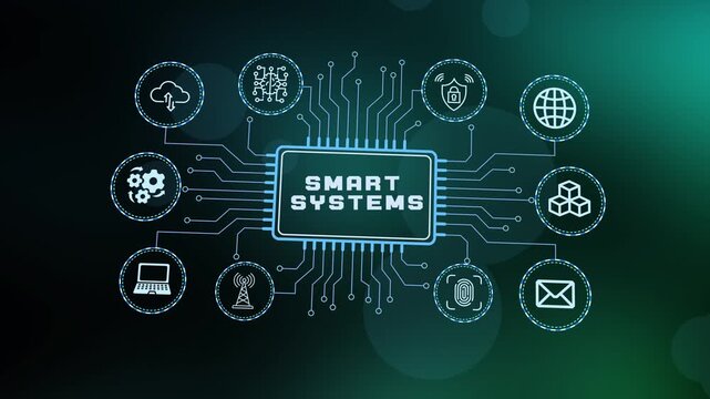 Integrated smart systems and home automation concept featuring centralized control unit with internet of things connectivity and icons.