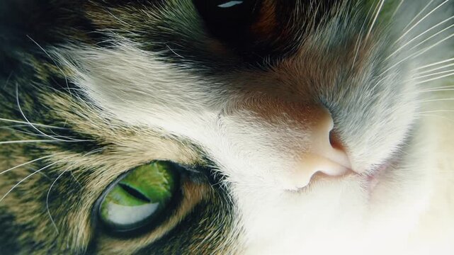 Extreme macro close up of tabby cat face showing green eye, nose, and whiskers. Detailed feline portrait looking at camera.