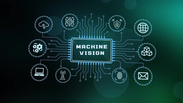 Intelligent machine vision and artificial intelligence concept with digital scanning nodes and visual data processing.