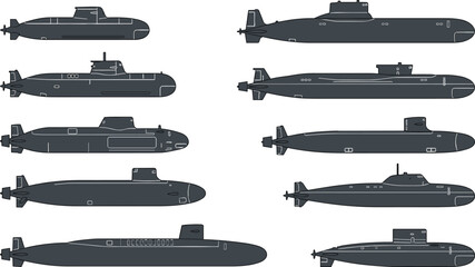 Submarine Vector Set Featuring Various Military Submarines for Digital Media, Websites, and Naval Illustrations © Sanjida