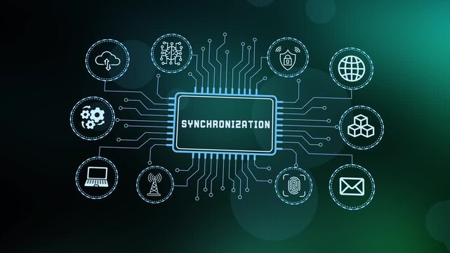  Real time data synchronization concept with glowing icons showing seamless information update across global networks.