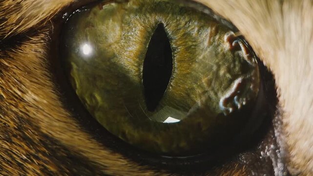 Extreme macro close up of a green cat eye with vertical slit pupil blinking and looking at camera. Detailed feline iris.