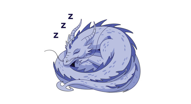 Cute blue dragon curled up in a circle and sleeping peacefully with three zzz symbols representing deep rest on a white background.