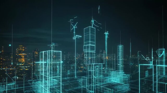 Digital wireframe cityscape with neon data streams and network grids, depicting a futuristic smart city, global connectivity, ai driven infrastructure and virtual urban systems