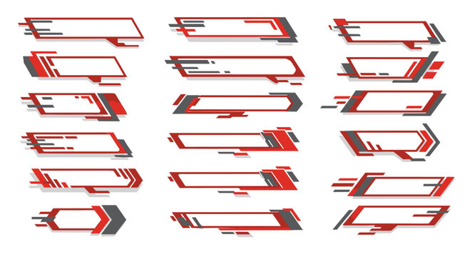 Set of futuristic digital lower thirds and banner graphic elements in red and grey colors for video editing or interface design projects.