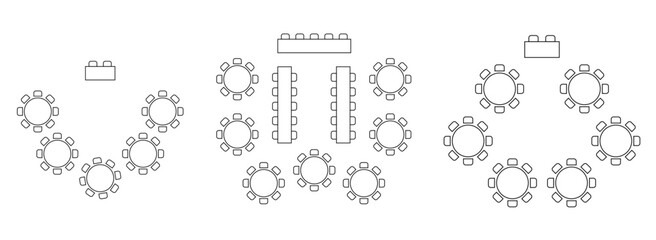 Obraz premium Wedding seating chart with floor plan view. Event layout showing banquet table and chair arrangement. Vector illustration of interior design scheme for party planning and setup.
