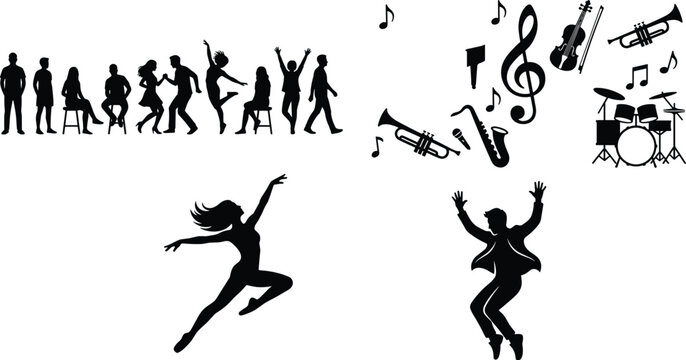 Set of black silhouettes featuring people dancing and celebrating with musical instruments and notes isolated on white background