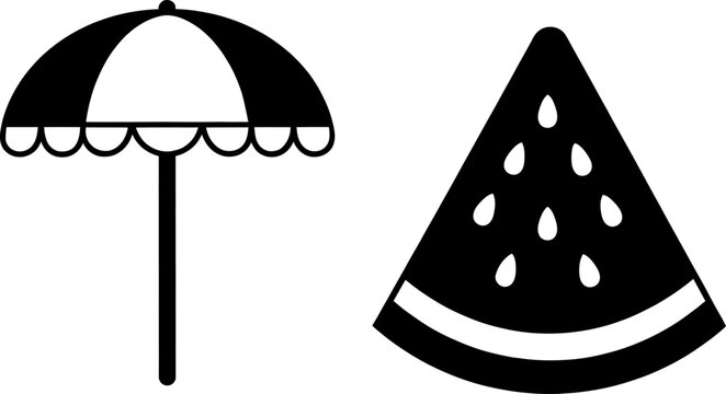 Black and white icons of beach umbrella and watermelon slice
