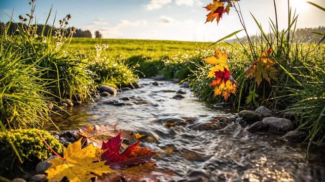 Vibrant Autumn Stream With Clear Water Flowing Over Rocks And Colorful Maple Leaves Under Warm Golden Hour Sunlight In A Peaceful Rural Landscape