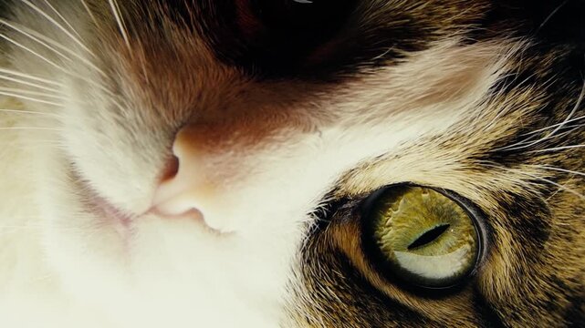 Extreme macro close up of tabby cat face showing green eye, nose, and whiskers. Detailed feline portrait looking at camera.