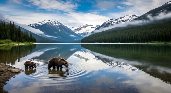 Grizzly bear mother and cub foraging in pristine mountain lake banff national park