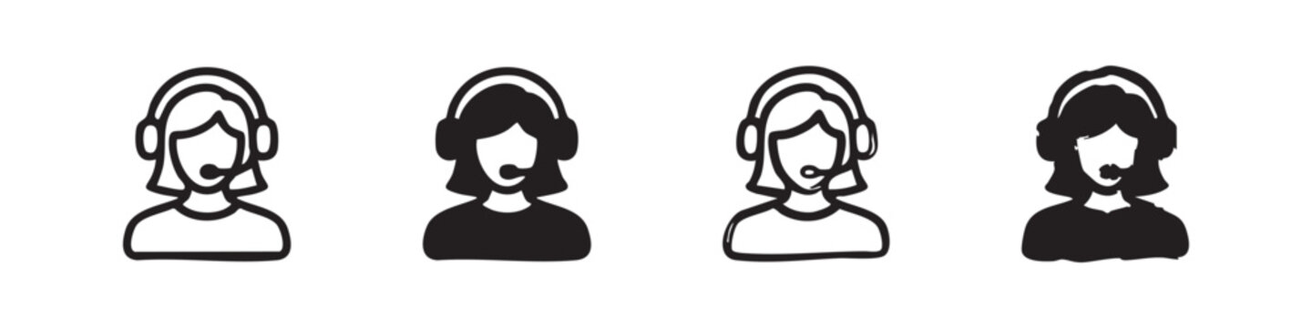 Customer support female agent icon set, woman with headset illustration