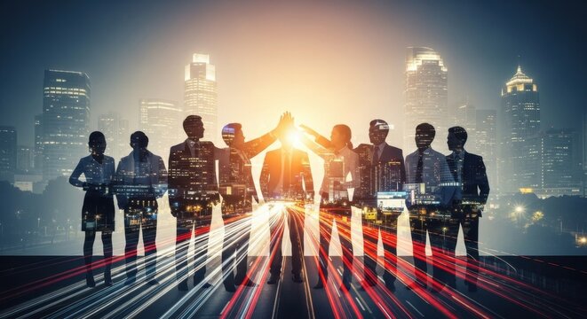 Business team joining hands in unity on city rooftop at sunset
