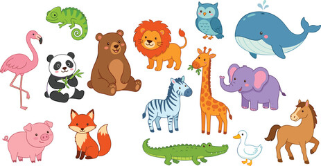 Naklejka premium Cute Animal Character Set Featuring Farm, Jungle, and Wild Animals for Kids' Illustrations, Websites, and Digital Media