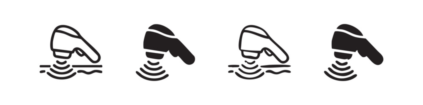 Hand holding scanner with wireless waves icon set.