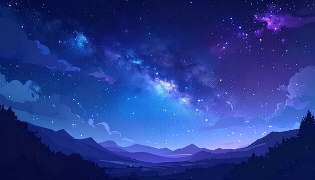 Serene vista of layered mountains under a vibrant, starlit sky with hazy clouds