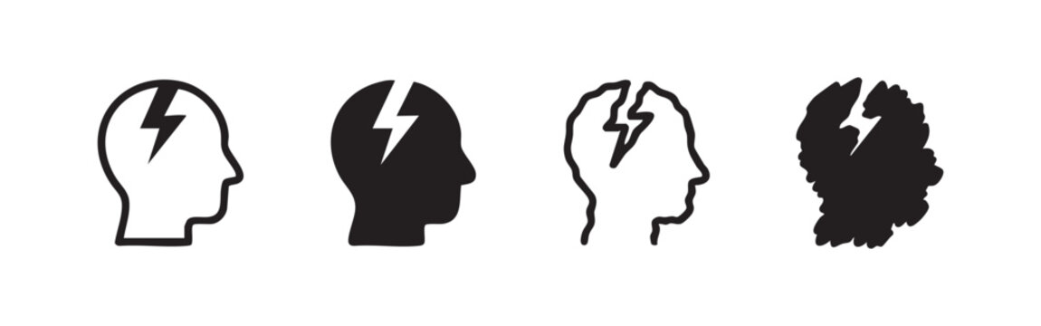 Headache and Migraine Icon Set - Mental Stress, Pain, and Brain Activity Symptoms