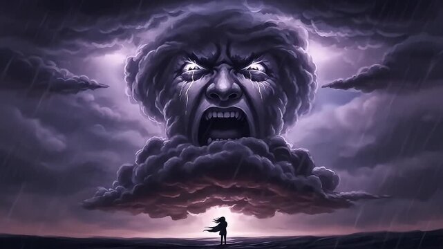 Woman standing before a giant, angry, weeping face formed from stormy clouds