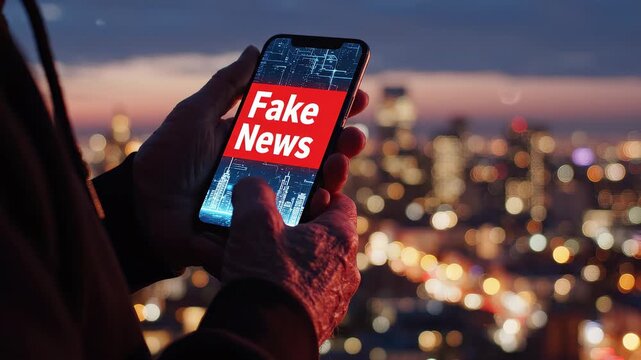 Close up of journalist hands holding smartphone with fake news alert over city lights, concept for digital misinformation, social media manipulation and cyber security awareness