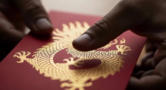 Macro shot of hands holding a festive red envelope with a gold dragon for lunar new year indoors.