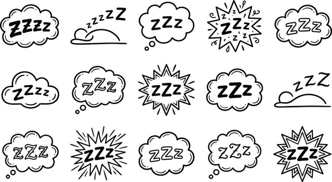 Set of Sleep and Zzz Thought Bubble Icons in Outline Style for Rest, Relaxation, and Dream Design Use