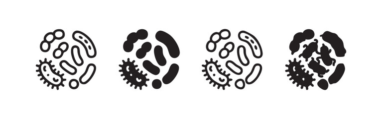 Microbiology and bacteria icon set. Various germs and microscopic organisms in a circular arrangement.